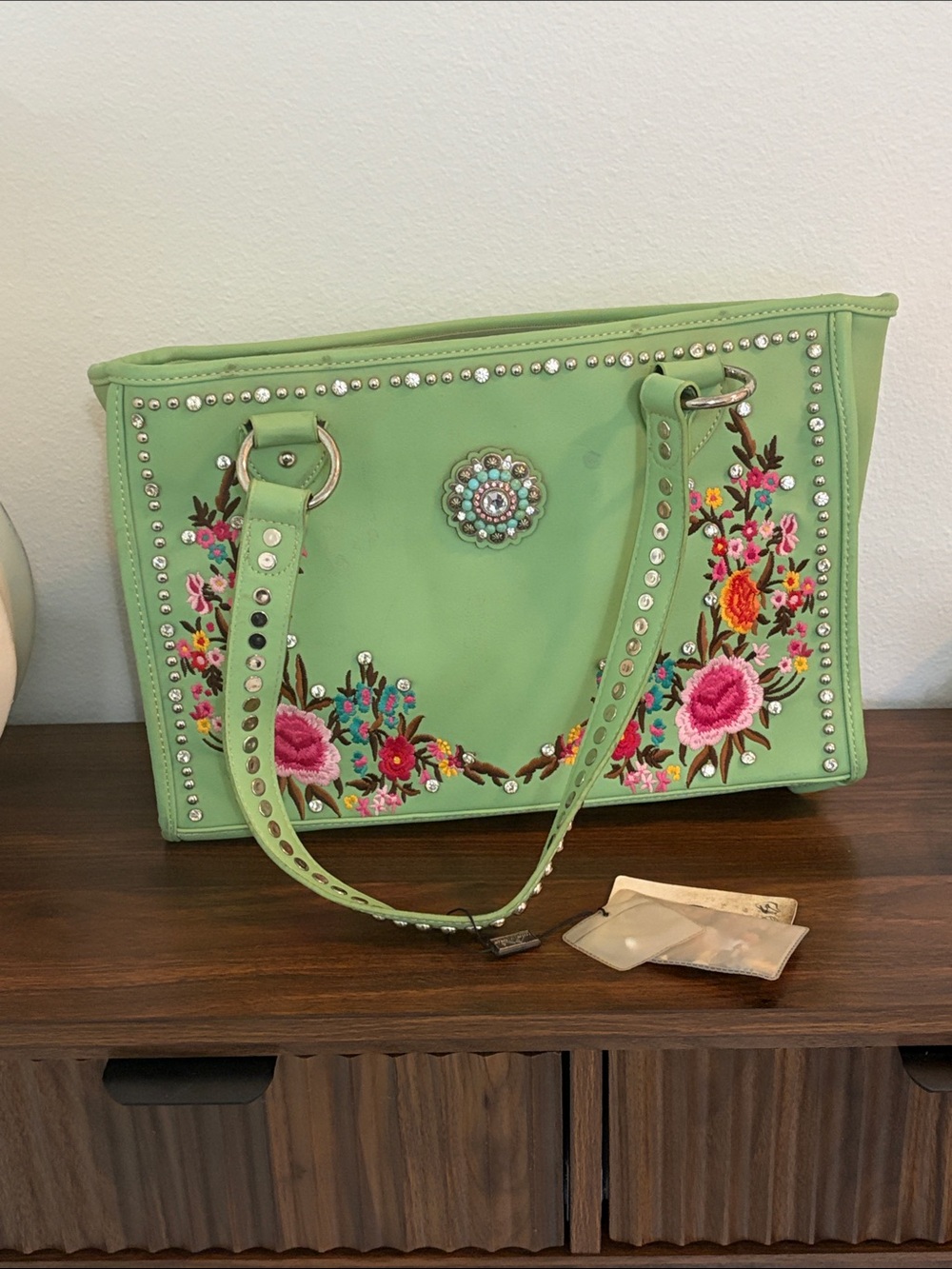 NWT Montana West Mint Green Floral Embroidered Shoulder Tote Concealed Carry Bag